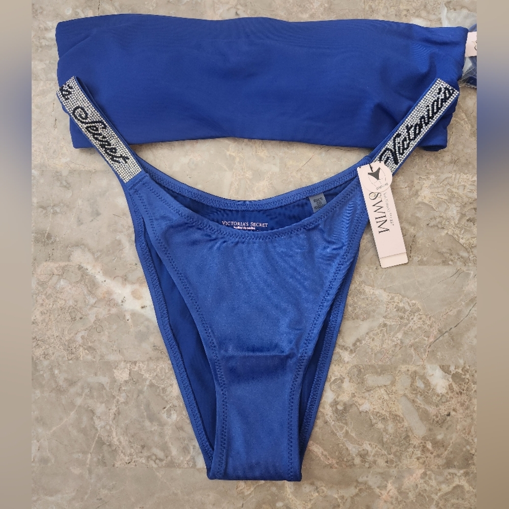 S M VS Swim Bandeau Bikini Top Shine Strap Brazilian Bikini Set Blue Tropical